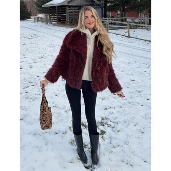 Womens Faux Fur Coat Lapel Open Front Fluffy Shaggy Jacket Winered - Picture 3 of 6